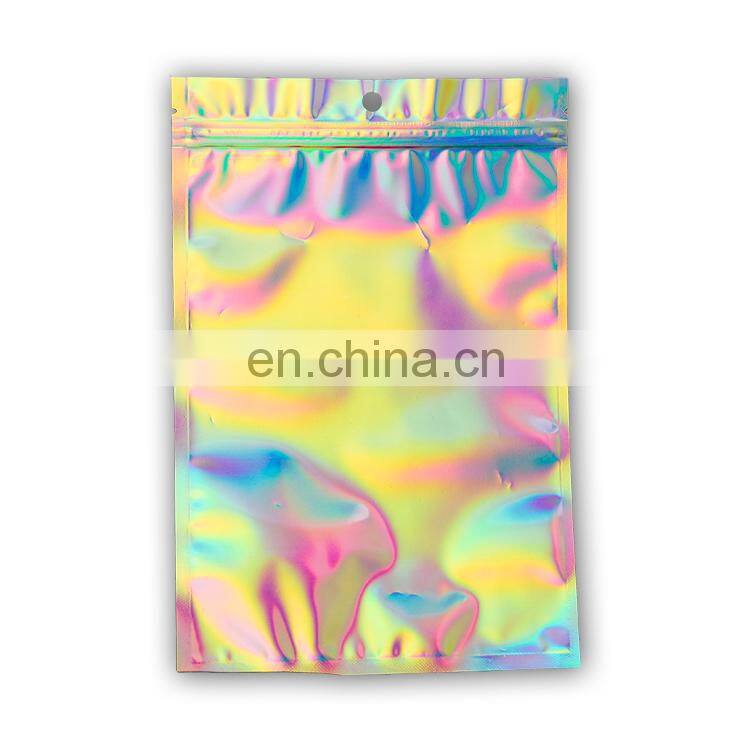 Low moq ready to ship mylar zipper transparent holographic glitter bags for makeup beauty sponge holographic packaging