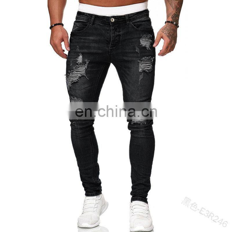 Manufacturers wholesale custom-made holes grind white slim-fit denim trousers fashion slim-fit plus size men's trousers