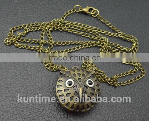 Antique owl quartz small pocket watch necklace chain