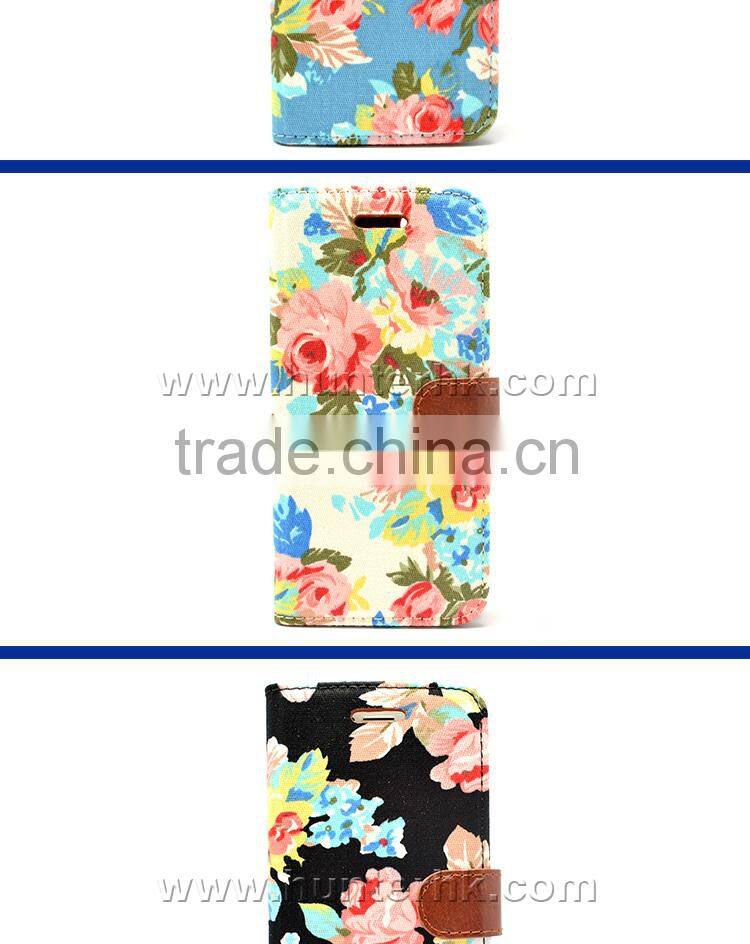 Printed Floral Jean Fabric For iphone6 Wallet Case
