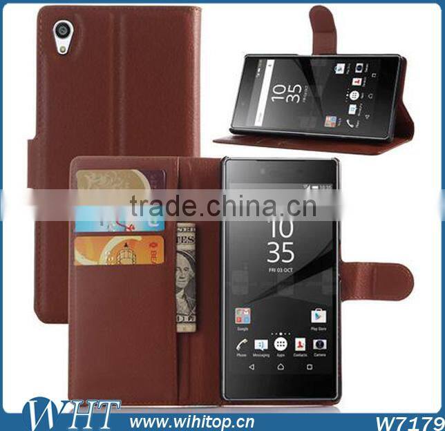 New Arrival Litchi Leather Wallet Flip Stand Pouch Cover Case for Sony Xperia Z5