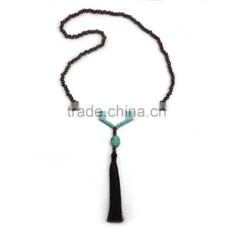 Original Natural Wood Beads Jade Stone Long Tassels Beaded Necklace