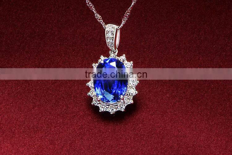 European style jewelry blue gemstone pendant 925 silver floating necklace for wedding