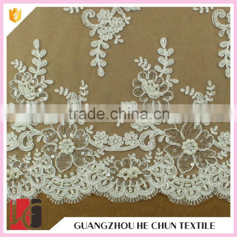 HC-6189-1 Hechun 2016 Latest Fashion Sewing Sequin Pearl Beaded Wholesale Tulle Bridal Lace Fabric