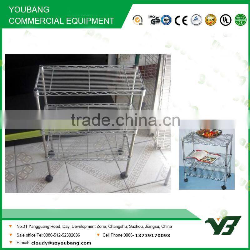 2015 hot sell NSF 50KGS 30x14 inch 3 layer silver powder light duty home use metal storage shelf with wheels (YB-WS028)