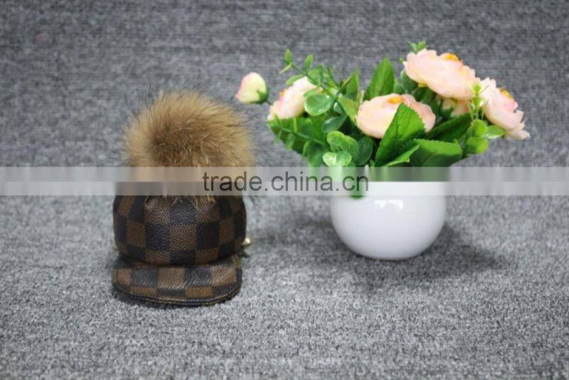 Hot sale cute hat with raccoon fur keychain for smartphone/hand bag/car