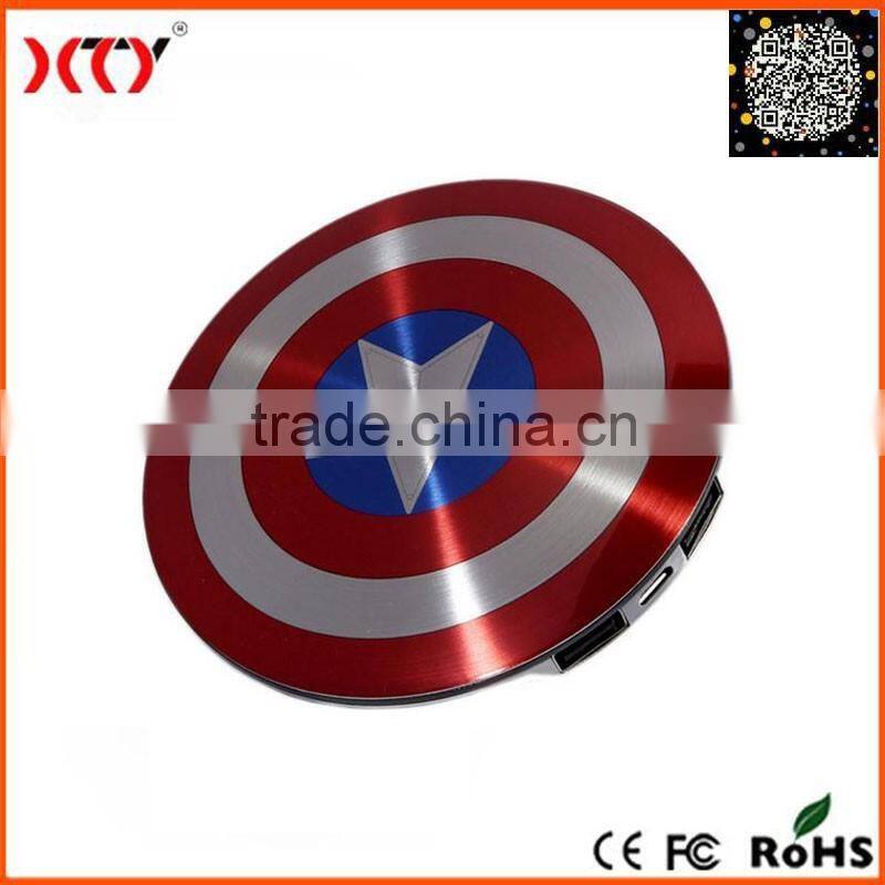 2016 new arrival aluminium alloy captain american shield mobile power bank dual USB ports