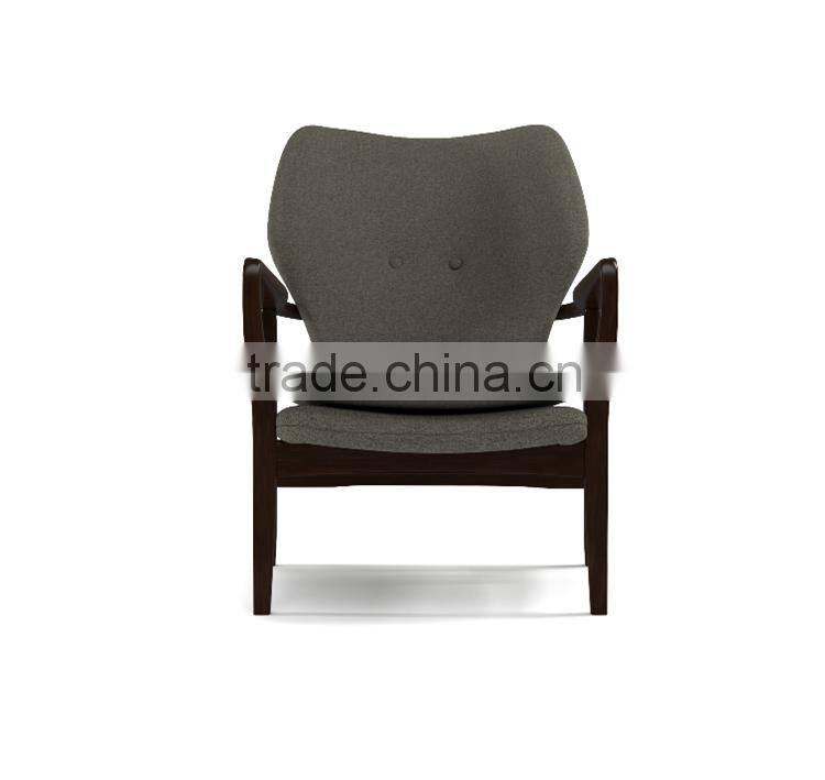 Mid-century walnut finished modern green fabric upholstered club chair with sleek polished wood arms