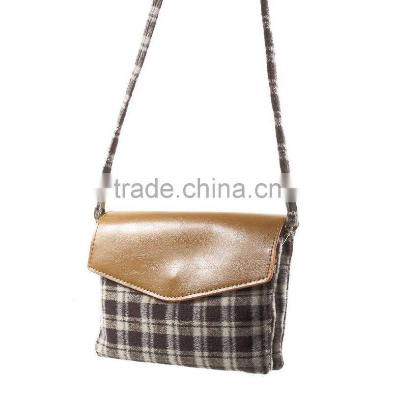 Check Pattern Lint and Leather Hybrid Bag for Smart Phones with Strap Size: 19 x 12cm(L x W)