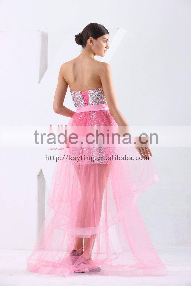 Heavy Handmade Off Shoulder Detachable Deep V-neck Beaded Real Short Front Long Train Prom Dresses