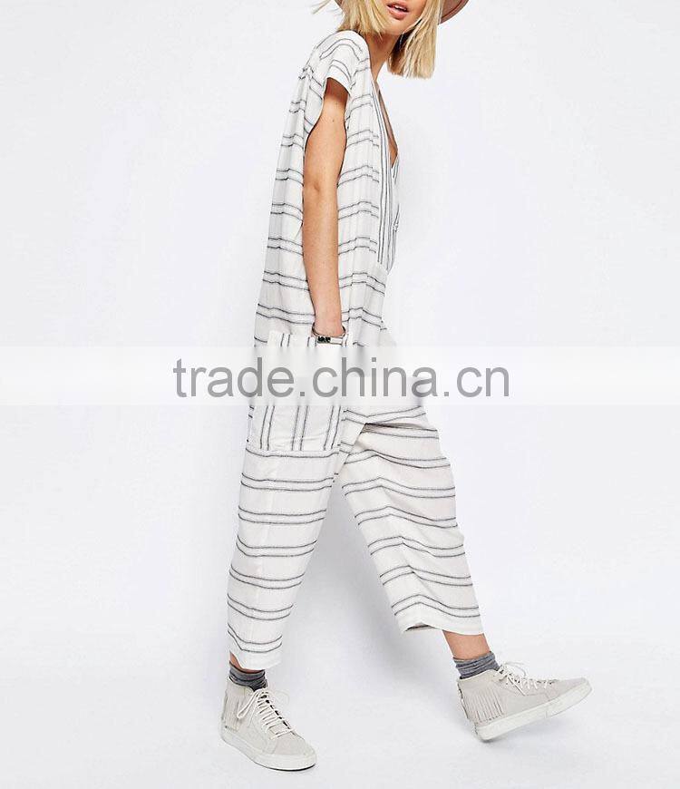 Trade Assurance onling shopping plunge neck sexy 2016 new striped jumpsuit for ladies