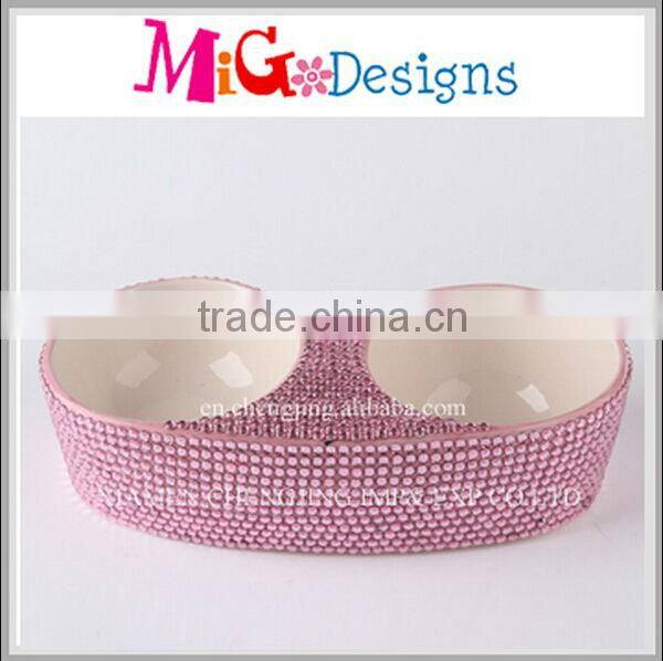 Wholesale Ceramic Pet Bowl With Double Bowl And Rhinestone