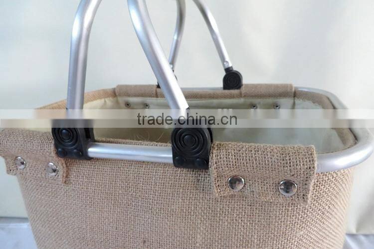 Collapsible jute fabric laundry basket with removable handles