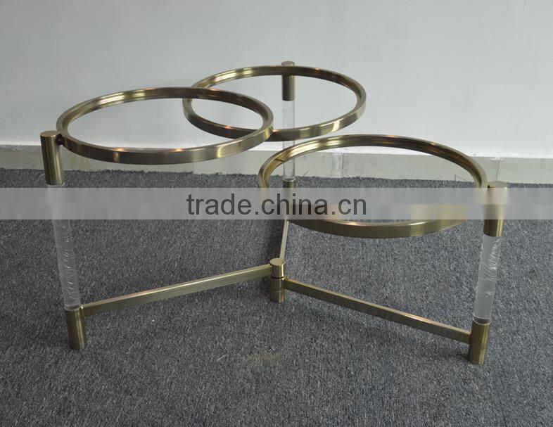 Cantilever design home furniture metal round glass coffee table with iron frames