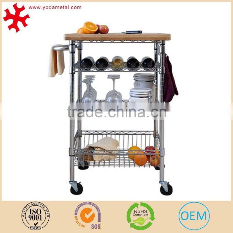 Floor standing 3-shelves stainless steel kitchen trolley with wheels