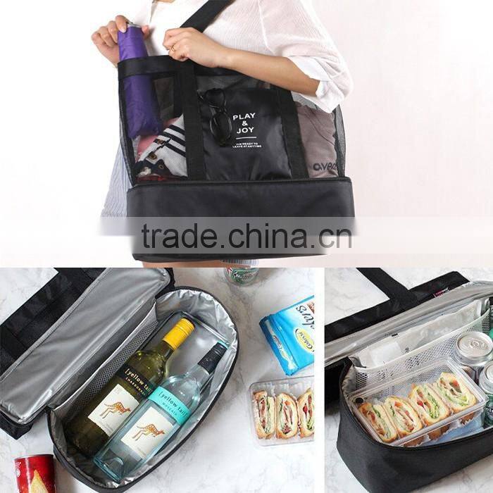 Custom Mesh beach tote bag / ice cooler bag with insulated compartment