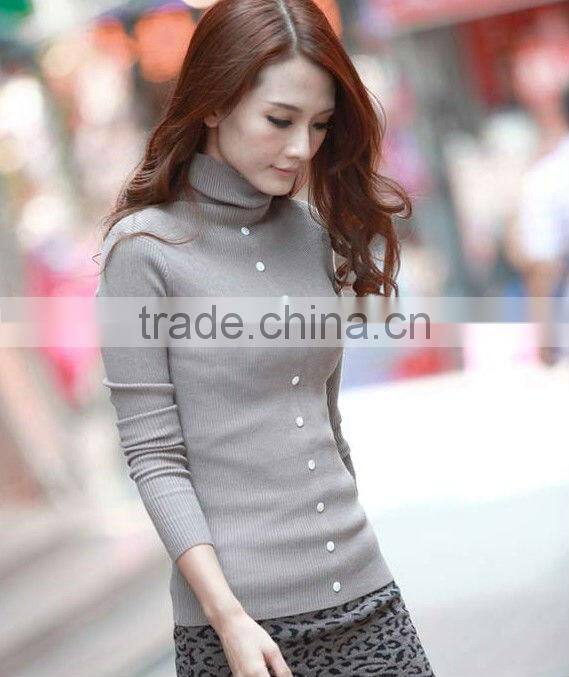 Ladies fashion O-neck solid long slim knit winter button woman sweater
