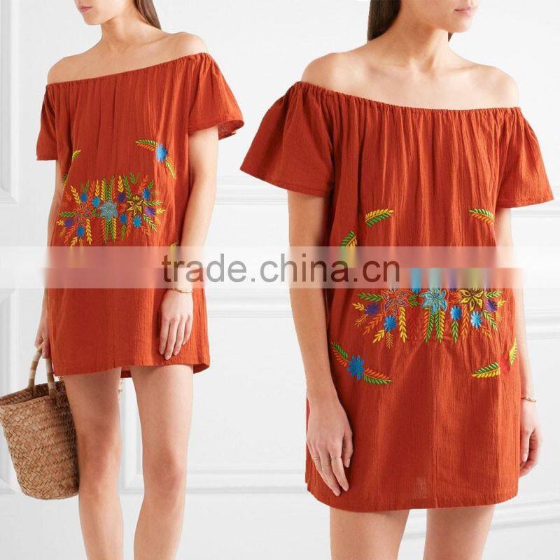 Mexican Women Summer Boho Off-The-Shoulder Colorful Embroidery Patch Crinkled Cotton Mini Names Of Girls Dresses HSD5858