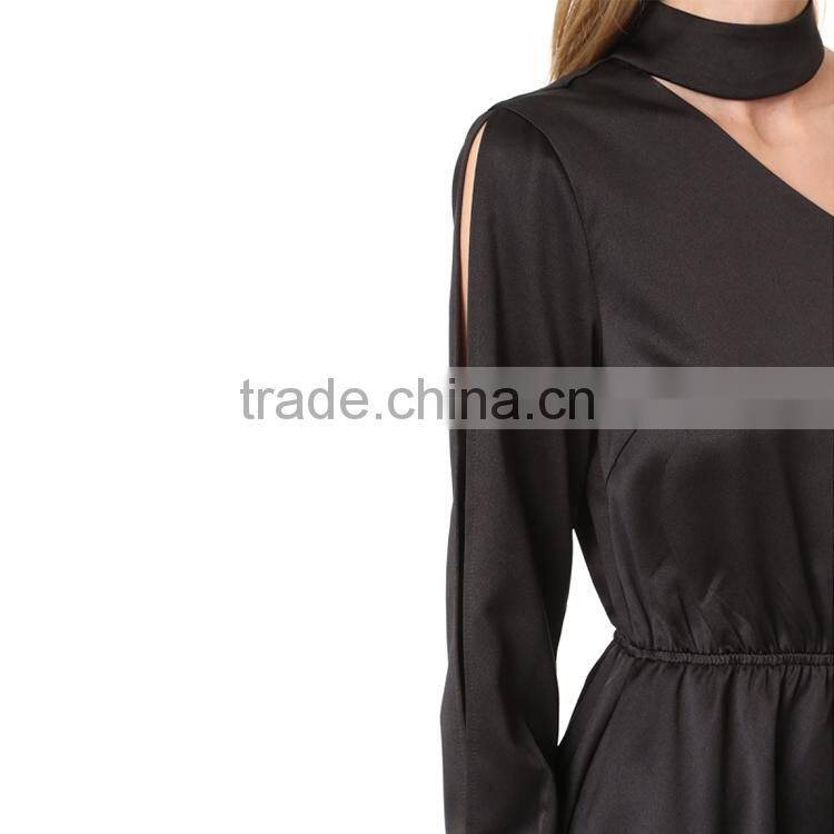 HAODUOYI Soild Black Sleeve Slope One Shoulder Women Dress Sashes Silm Long Sleeve Slit botton Lady Mini Dress for Wholesale