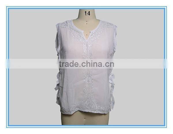 White Chiffon Embroidery Design Casual Blouse For Fat Woman Clothing