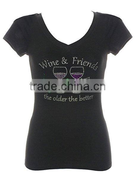 Women's Wine & Friends Rhinestone Bling V-Neck Short Sleeve Shirts Black