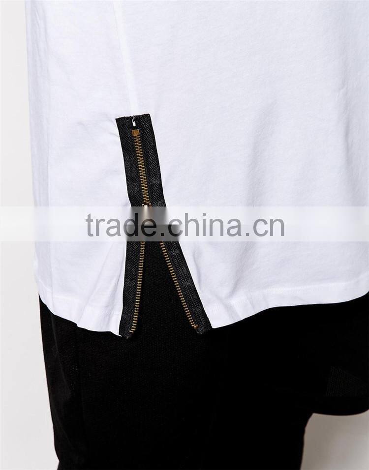 2015 Mens plain white tall tee shirt with zip detail