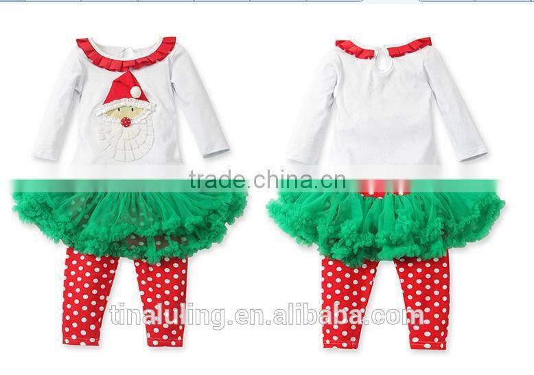 New 2015 Fashion Baby Girls Christmas Clothing Children Santa Claus t shirts+Polka dots legging skirts 2pcs outfits