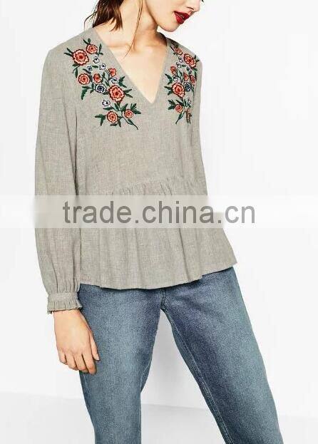 Runwaylover EY2365B New Fashion 2017 Ladies Deep V-Neck Embroidery Blouse