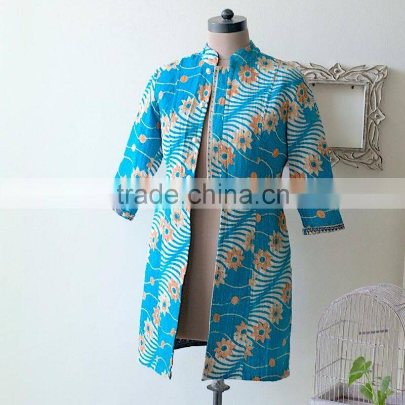 Vintage Kantha Long Accent Jacket in Turquoise & Orange ~ Medium