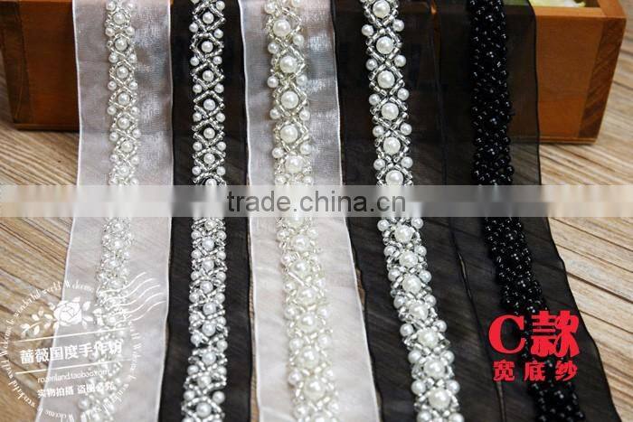 Handmade diy clothing collar accessories 1-3cm black white pearl decorative beaded lace trim