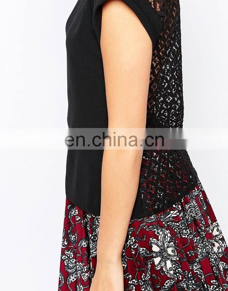 Wholesale ladies fabric Round neckline Lace Back Blouse