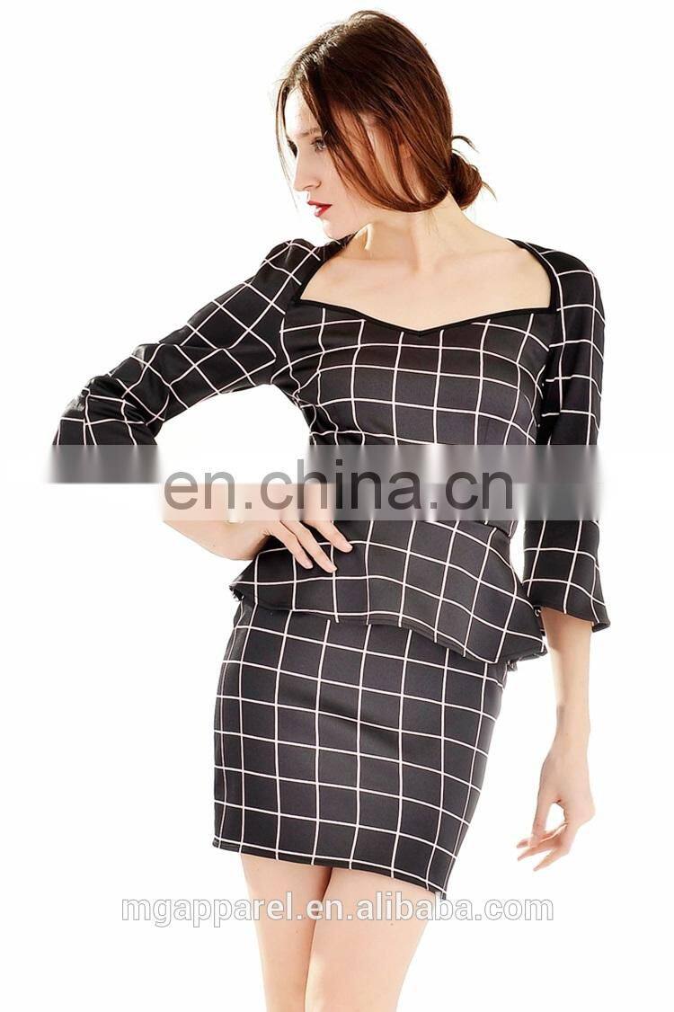2015 new product elegant fancy windowpane plaid print women peplum dress long sleeve wholesale