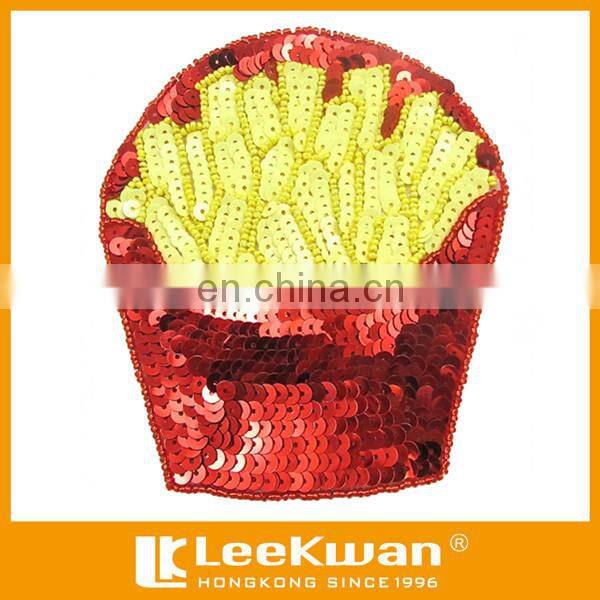 Hamburg and chips sequined embroidery patch design, fashion food sequin embroidery patch, sequin design