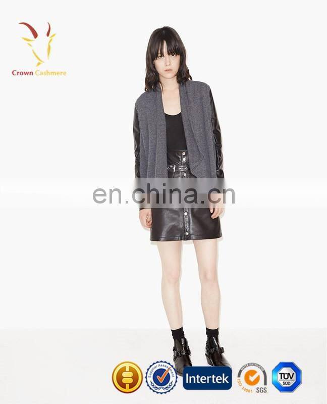 Woolen Female Cardigan Sweater with Leather Sleeve