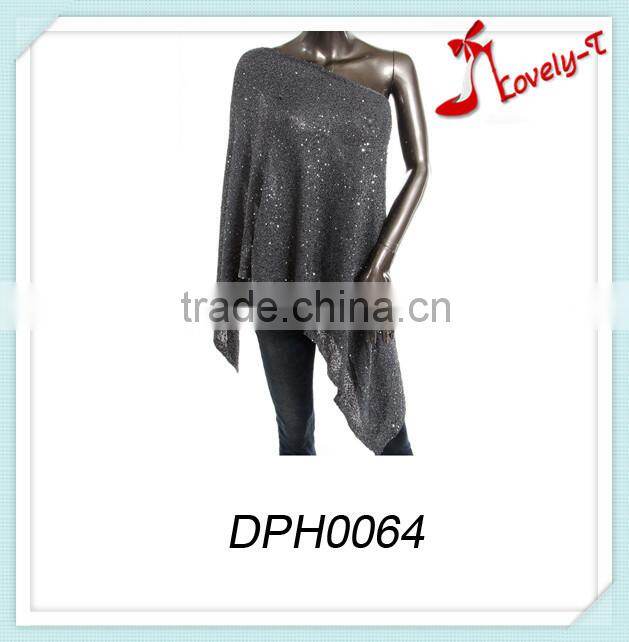 Latest design Pull Over Crew Neck fashion Sequined women poncho ,wholesale Ladies poncho sweater