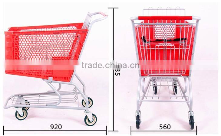 Plastic handle supermarket plastic shopping cart with wheels