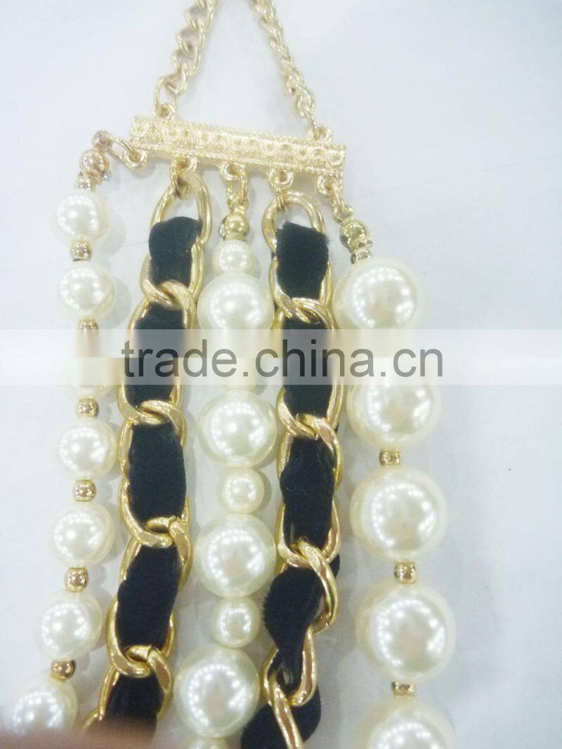 FASHION CORD WRAPPED MULTI ROW PEARL NECKLACE