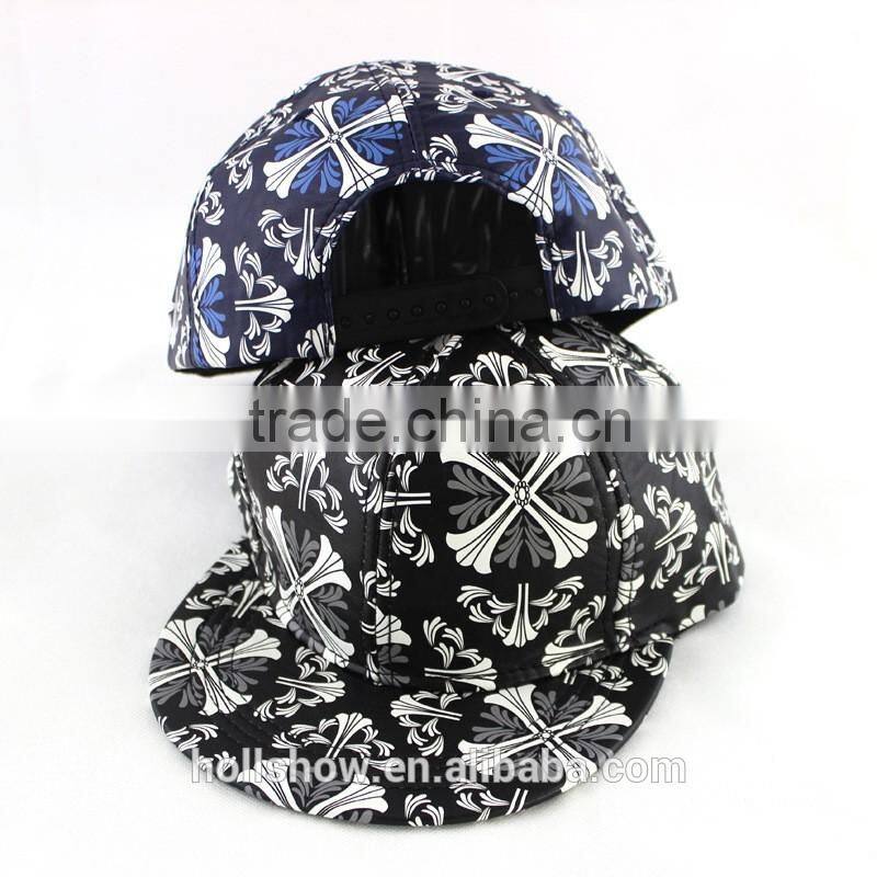 Punk Rock Flower Printed PU Leather Fabric Flat Hiphop Streetdance Cap
