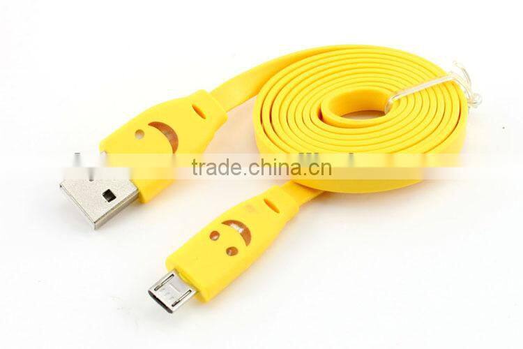 Hot sales flat noodle micro led smile face usb rope data charging cable