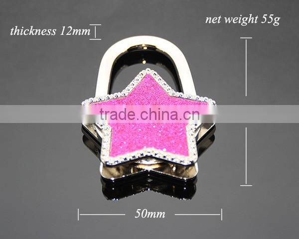 Wholesale Fashion Handbag Hook Enamel Purple Shimmering Powder Star Shaped Holder Foldable Metal Portable Bag Hanger