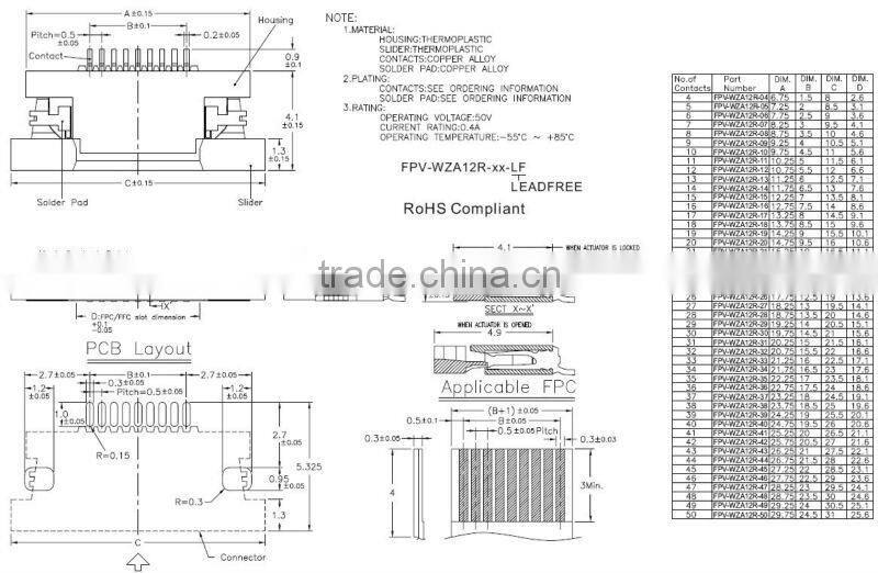 0.5mm Pitch Height 1.2m Pin FFC/FPC Connector With Zif Type