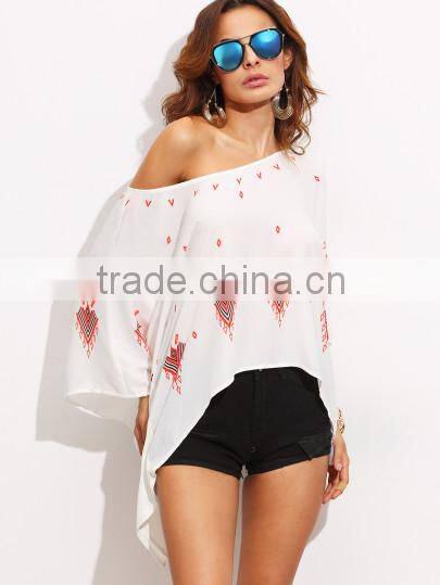 Blouses latest fashion design women clothing Multicolor Print Batwing Sleeve Asymmetrical Blouse