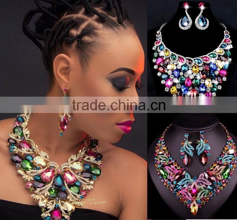 multicolour rhinestone women jewelry set in latest design/wedding necklace and earring sets