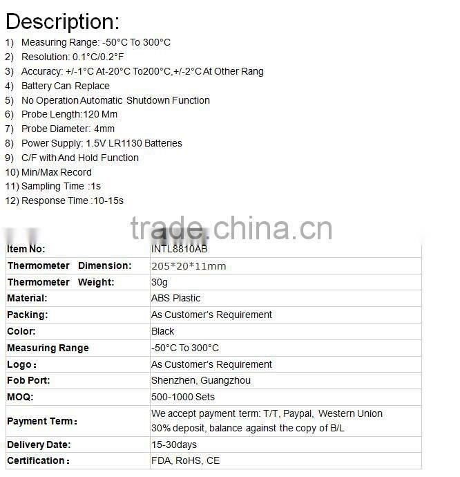 INTL8810AB Black Instant Read Digital Cooking Stainless Thermometer With Long Probe For Food Meat Candy And Bath Water