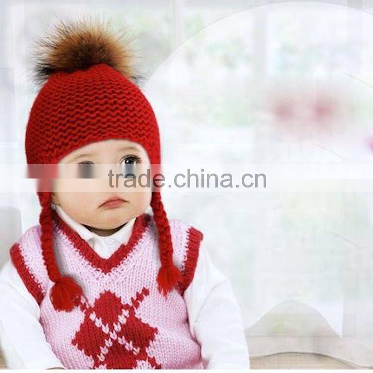 New Style Winter Warm Crochet Wool Baby Beanie Hat with Raccoon Fur Pom poms Ball/Earflaps