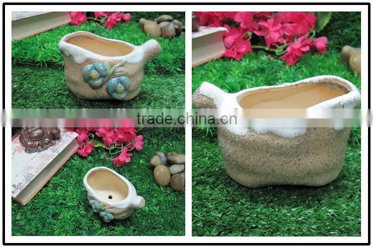 Blue flower decor ceramic flower pots with handle, garden planter pot