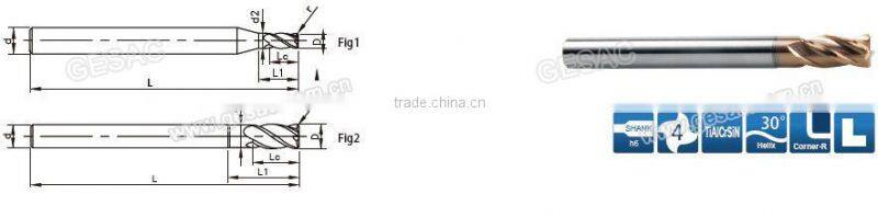 4 Flute Corner Radius with Long Shank Length Solid Carbide Endmill for Hardened Steel Milling