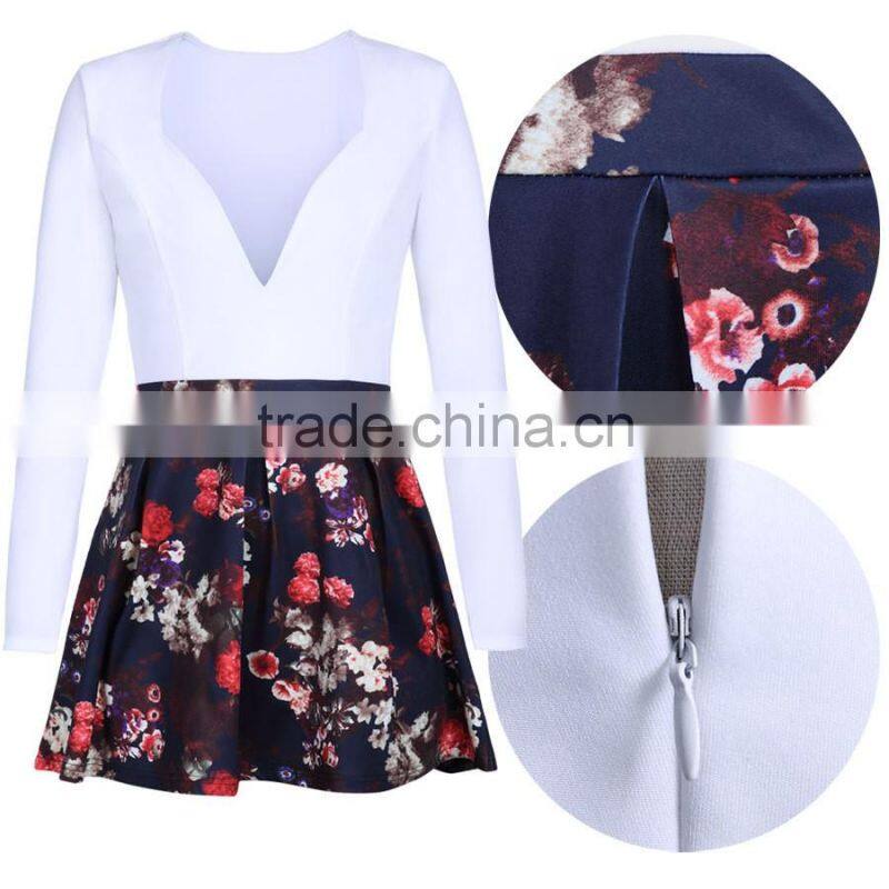 OEM&ODM Welcomed Sexy V Neck Floral Short Mini Dress Long Sleeved RYG-Q123