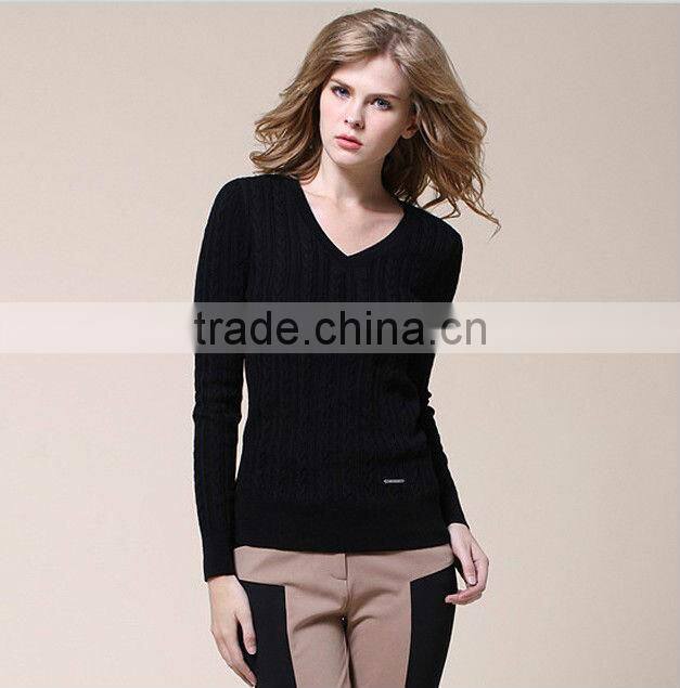 OEM ladies fashion long sleeve V-neck solid vantage woman pullover sweater