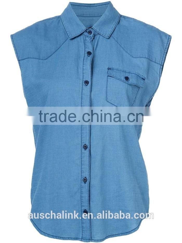 new arrival 100%cotton women sleeveless denim shirts customized